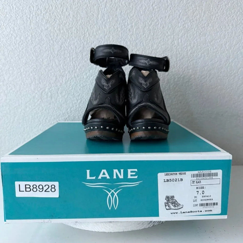 Lane Lexington Jet Black Leather Western Wedge Sandals Wood Heel Womens 7 - Picture 11 of 11